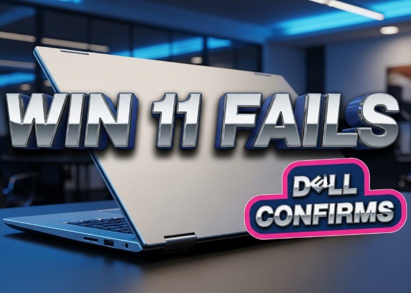 Dell laptop displaying Windows 11 desktop on wooden office desk