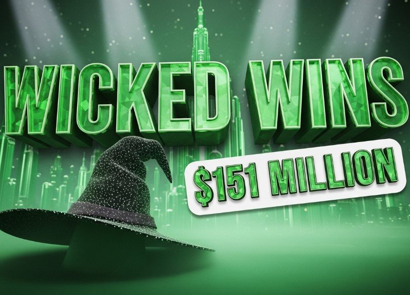 Wicked For Good movie poster display in theater