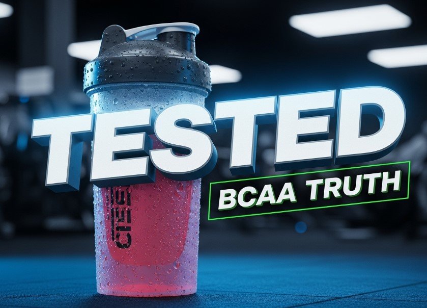 flavored bcaa powder scoop with shaker bottle gym background