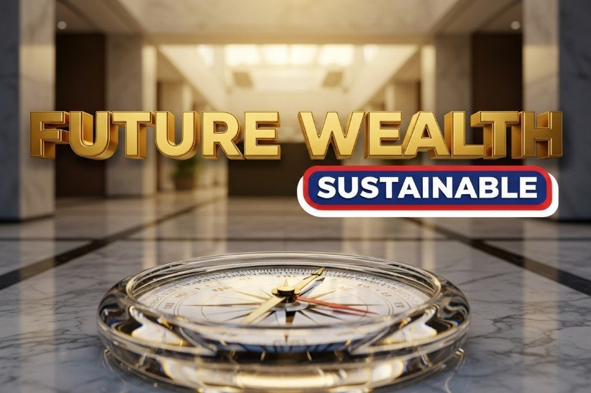 golden compass on marble table sustainable finance concept