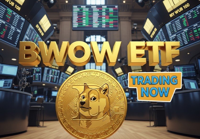 golden dogecoin token on stock market trading desk graph background