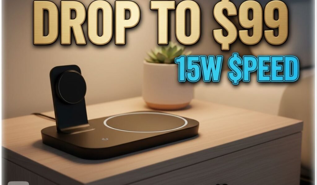 Belkin BoostCharge Pro 2-in-1 magnetic wireless charging stand in sand color on wooden desk