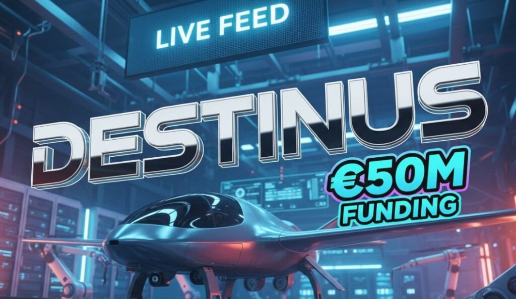 Destinus autonomous drone flying over european landscape during sunset