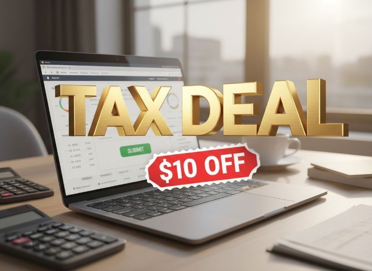 H&R Block Deluxe tax software box on laptop screen with calculator