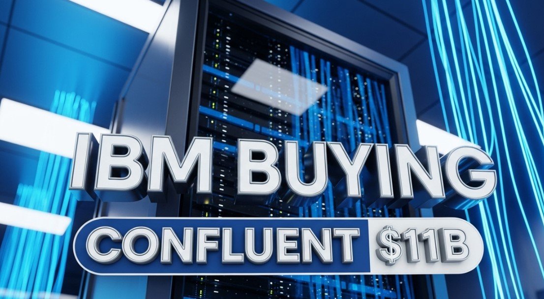 IBM corporate building logo with digital data stream visualization concept