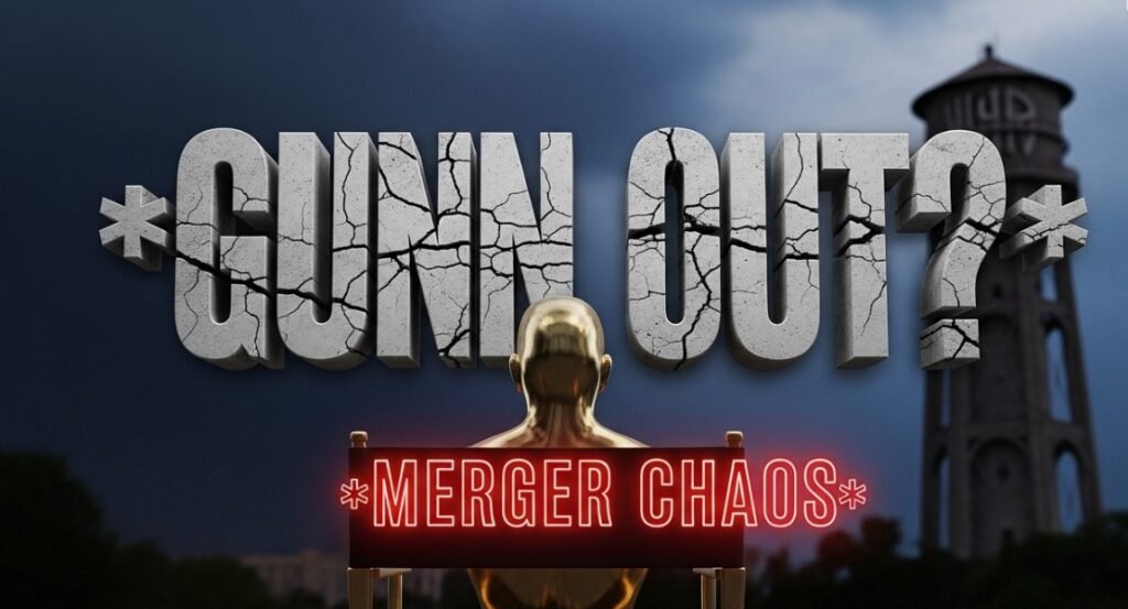 James Gunn speaking at a press event with Superman logo background