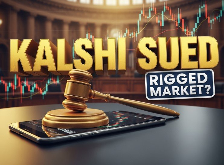 Kalshi trading app on smartphone with legal gavel background