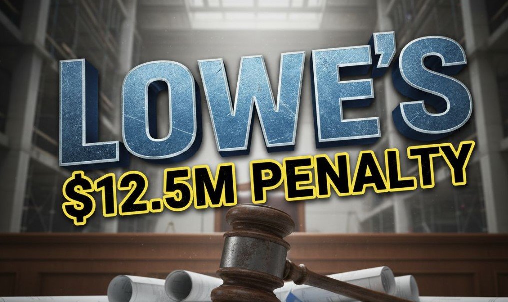  Lowe's store front with caution tape and lead paint hazard warning sign construction tools