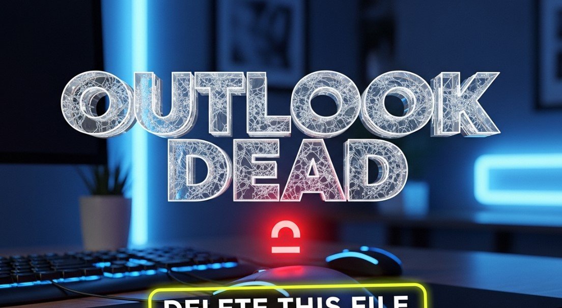 Microsoft Outlook logo on computer screen with error glitch background