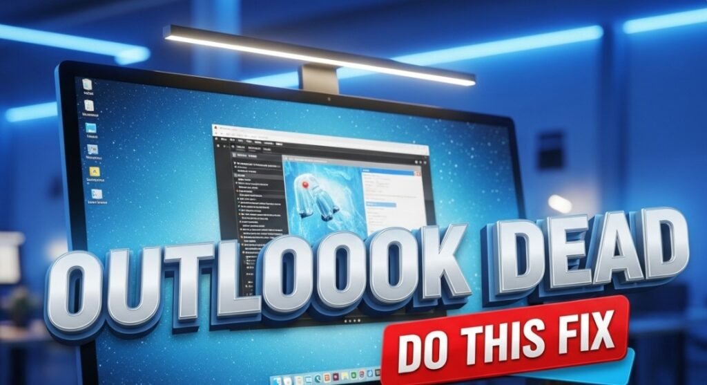 Microsoft Outlook logo on computer screen with error glitch effect