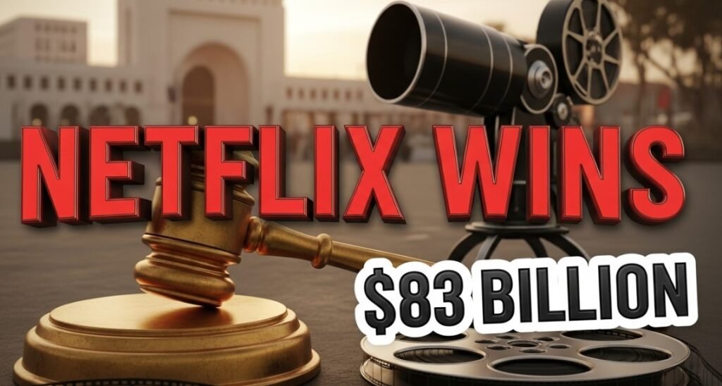 Netflix logo next to Warner Bros water tower blue sky background