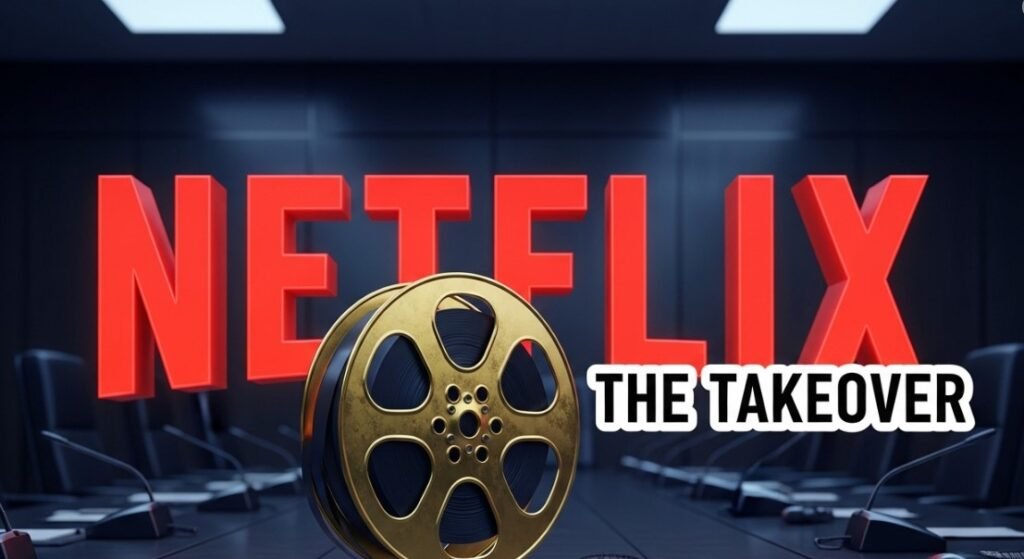 Netflix logo on movie theater screen dark room