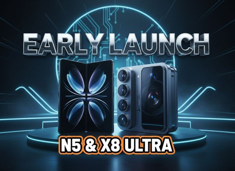 OPPO Find N5 and Find X8 Ultra smartphone concept render on a dark table