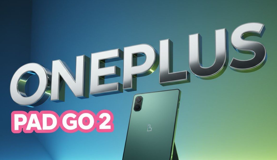 OnePlus Pad Go 2 tablet displaying colorful abstract wallpaper on desk