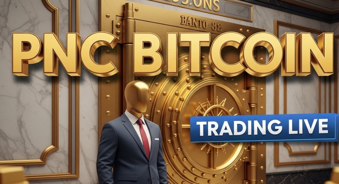 PNC Bank skyscraper building with digital bitcoin currency concept
