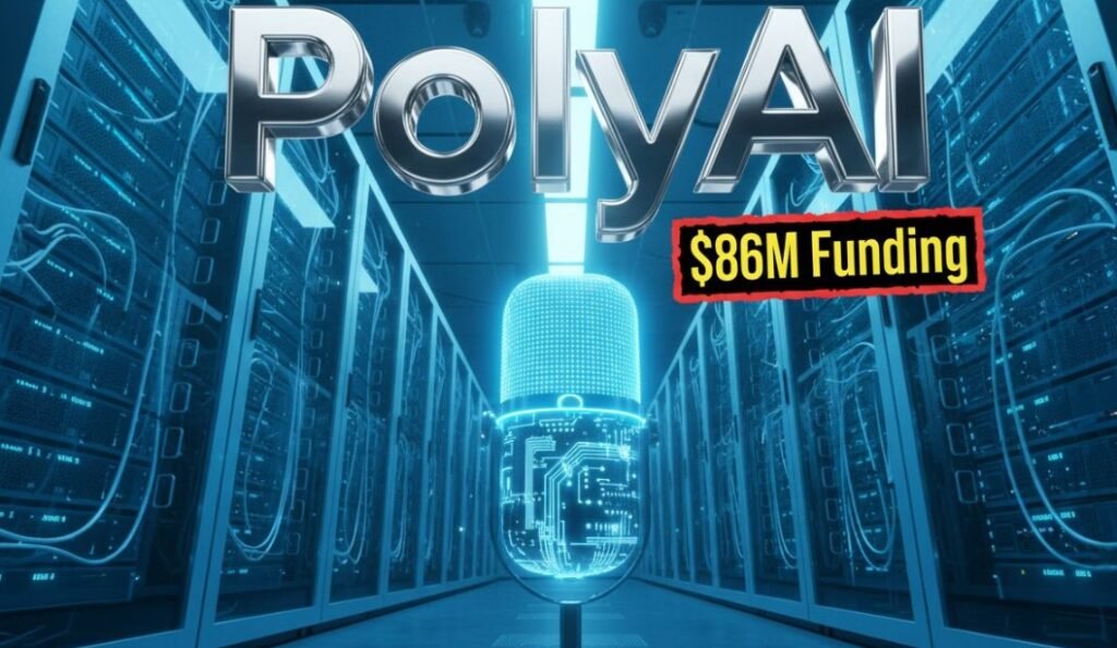 PolyAI voice assistant technology visualization glowing sound wave background