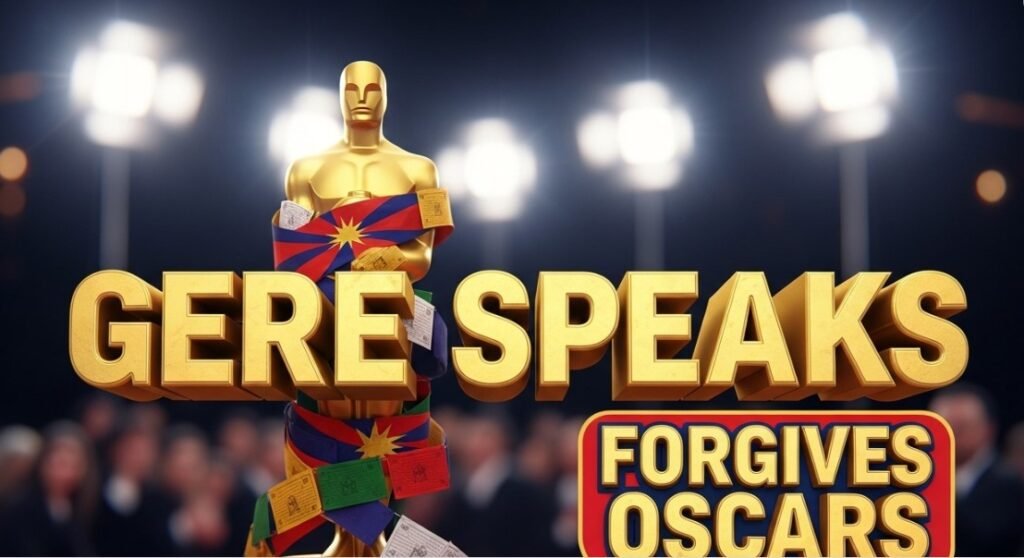 Richard Gere speaking seriously into a microphone at a press event