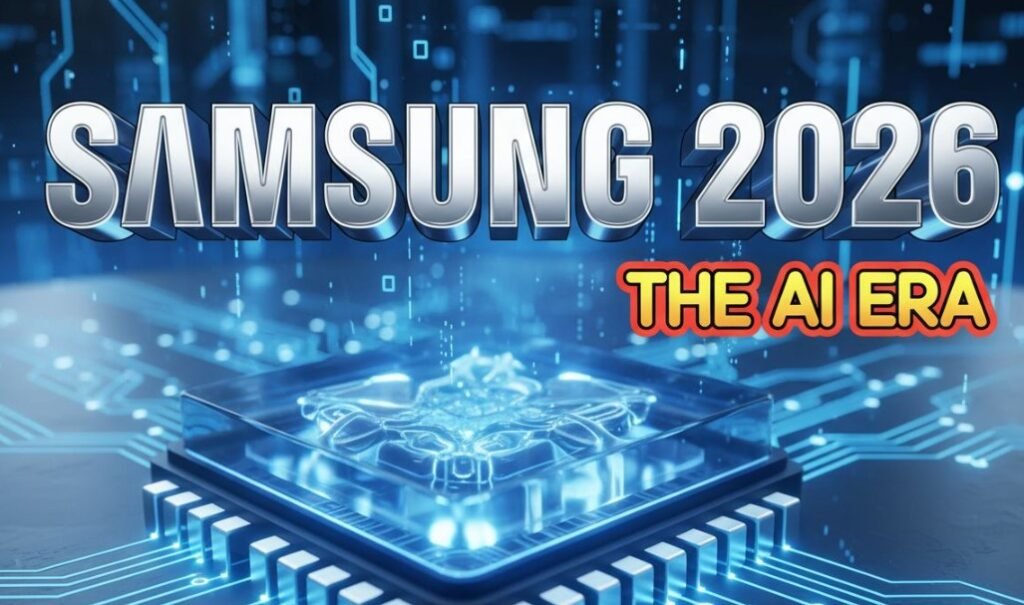 Samsung Galaxy S26 concept phone with futuristic holographic AI chip background