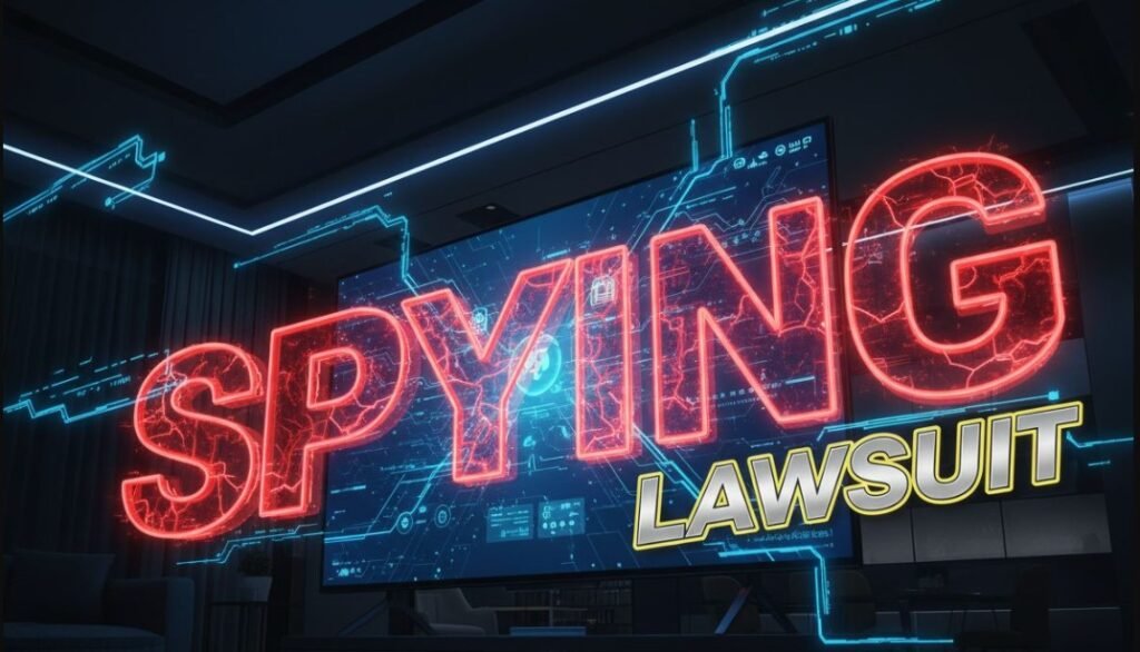  Smart TV displaying binary code lock icon in dark living room