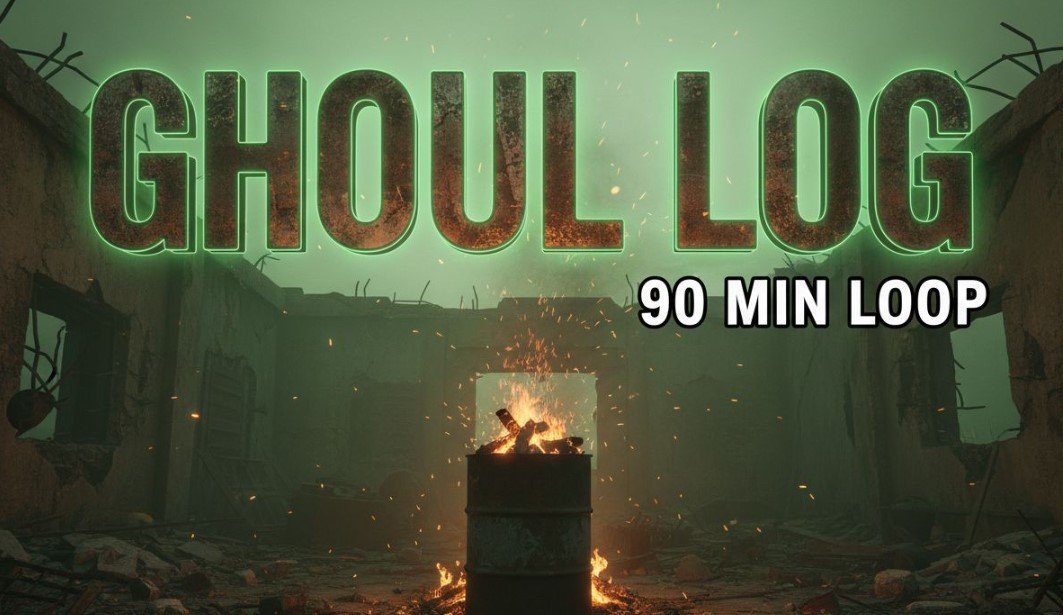 The Ghoul sitting by burning barrel fire with Dogmeat in wasteland