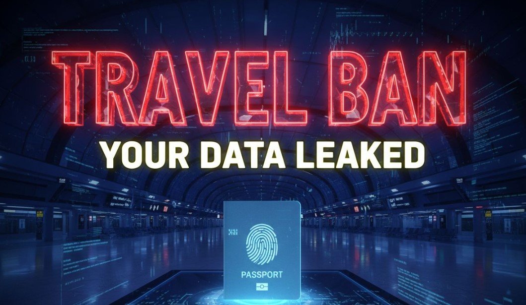US passport and smartphone displaying social media icons on map background