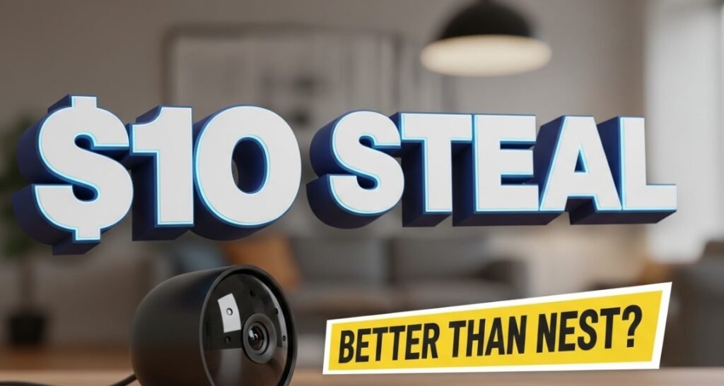 Walmart Onn indoor smart camera black device on wooden table