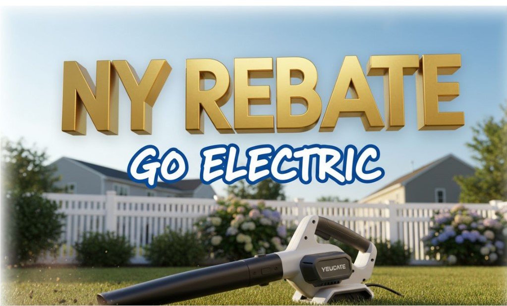 battery powered electric leaf blower on green grass lawn