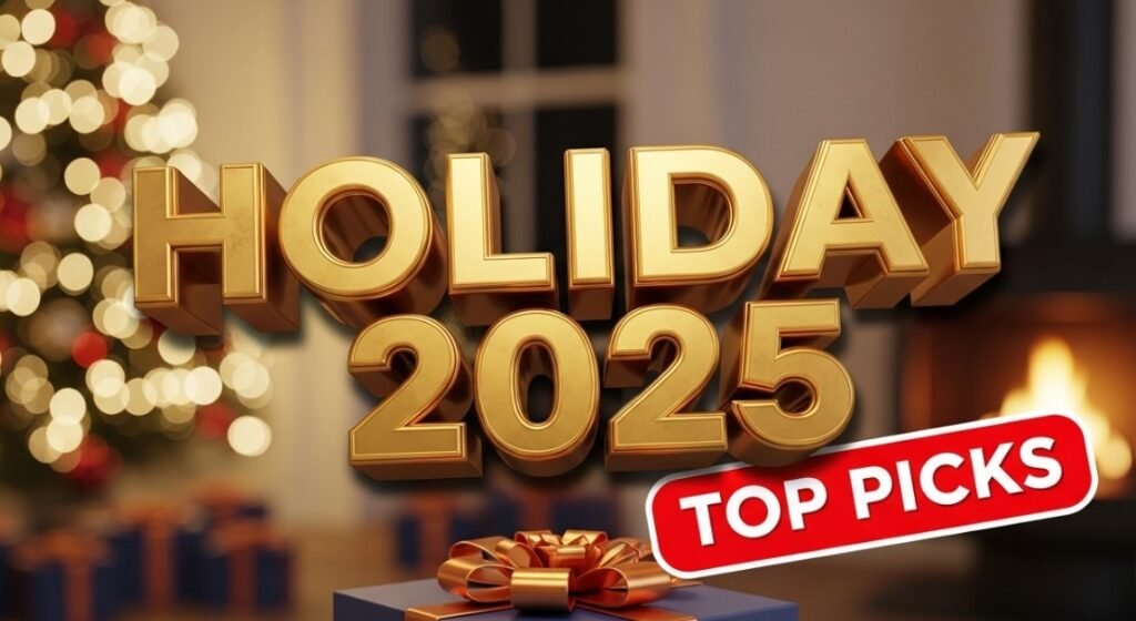 futuristic holiday gift box with glowing ribbon on table