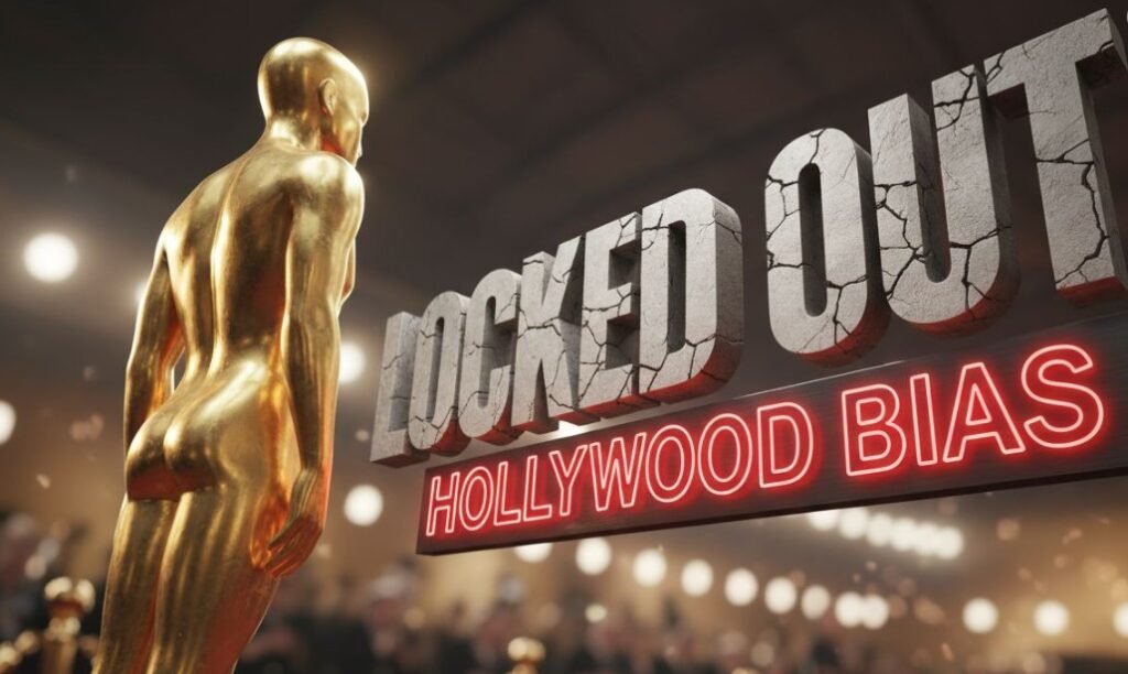 golden oscar statue trophy looking away from red movie theater seats