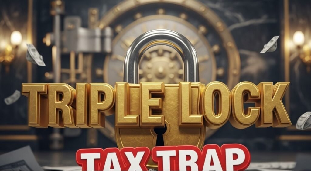 golden padlock on tax documents representing uk pension triple lock security