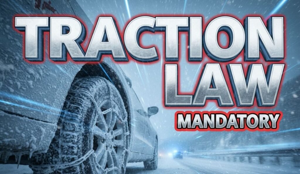 snowy interstate highway traffic jam colorado mountains winter tires