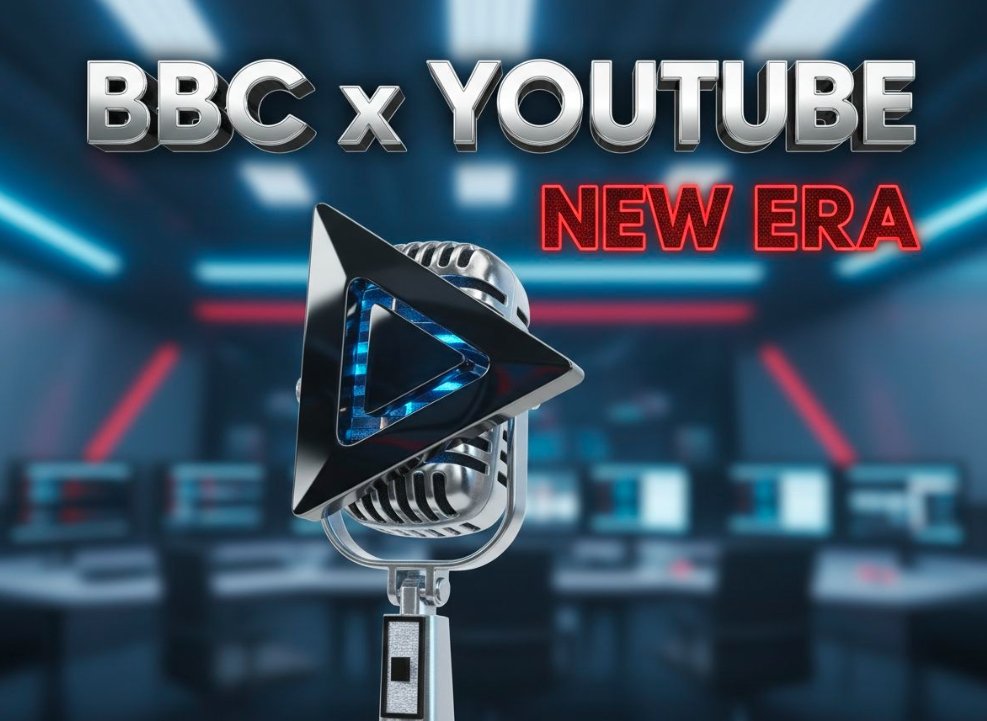 BBC logo displayed on smartphone screen next to YouTube application icon with digital background