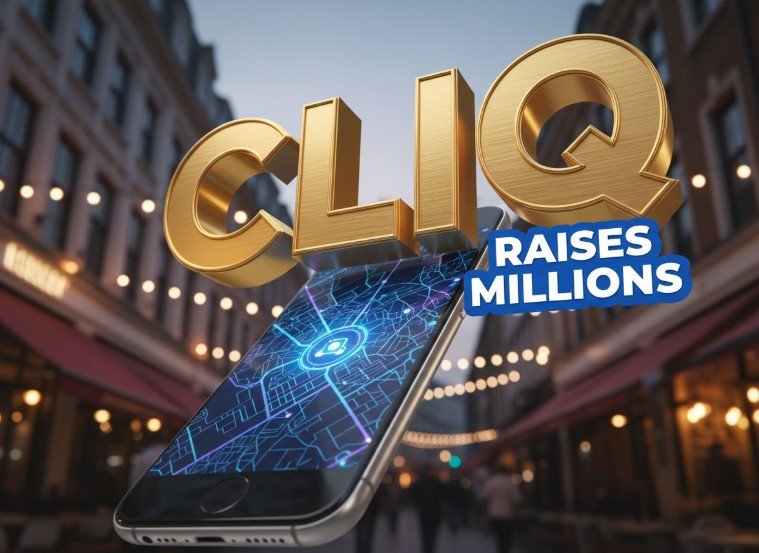 Cliq app interface on smartphone with people meeting in background