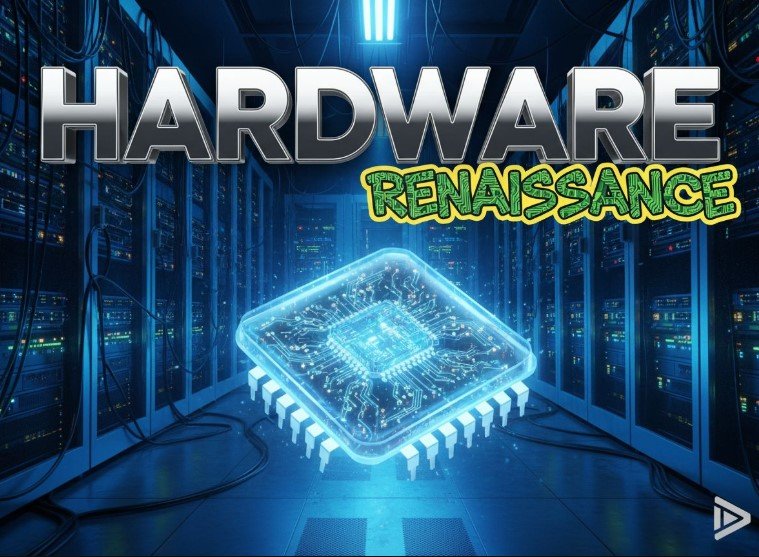  Futuristic circuit board glowing with blue neon lights representing hardware renaissance