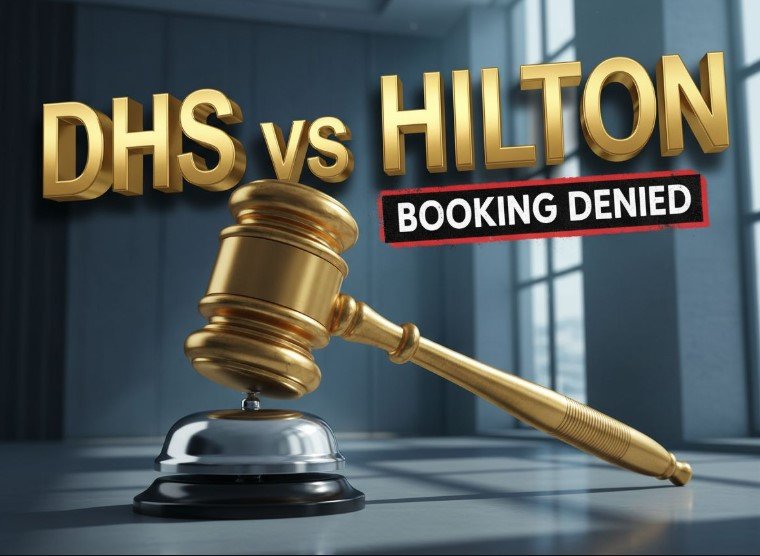 Hampton Inn hotel exterior sign with blurred federal agents in foreground