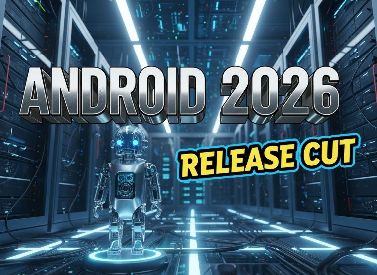 android robot standing next to source code server rack digital screen