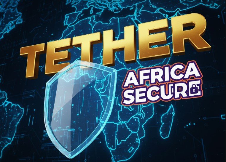 digital illustration of tether logo over africa map security shield