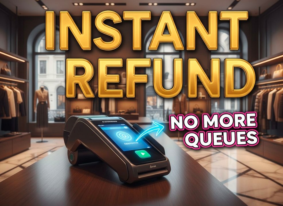 digital payment terminal showing instant tax free refund notification