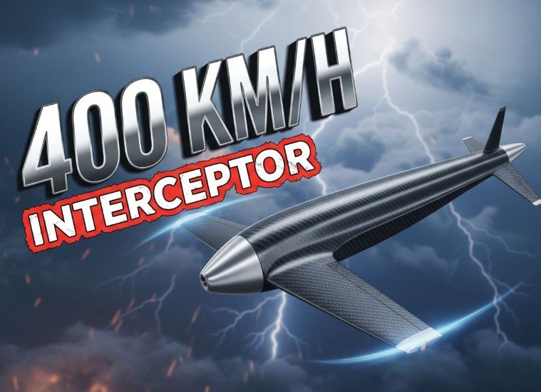 military interceptor drone flying over ukraine skyline at high speed