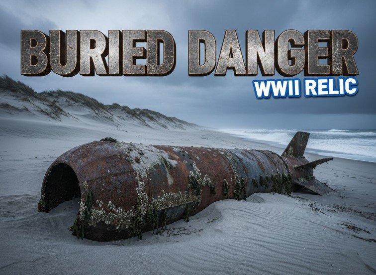 rusted unexploded military ordnance on sandy beach coast