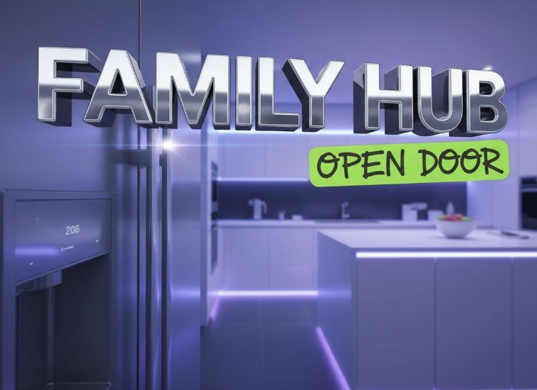 samsung family hub refrigerator with open doors in modern kitchen