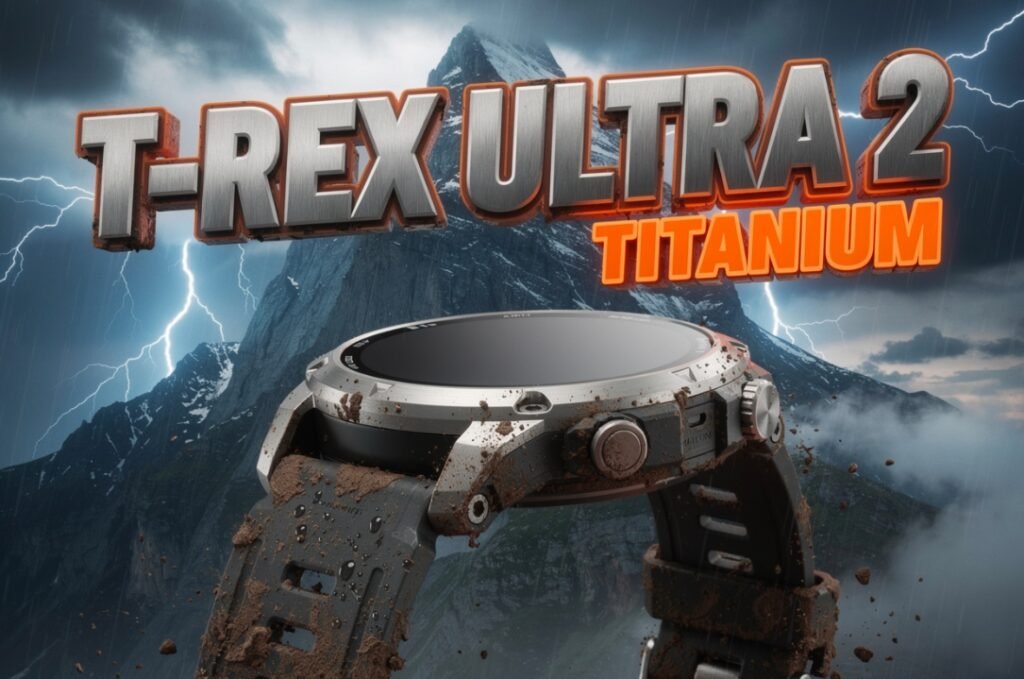  Amazfit T-Rex Ultra 2 titanium rugged smartwatch on rock