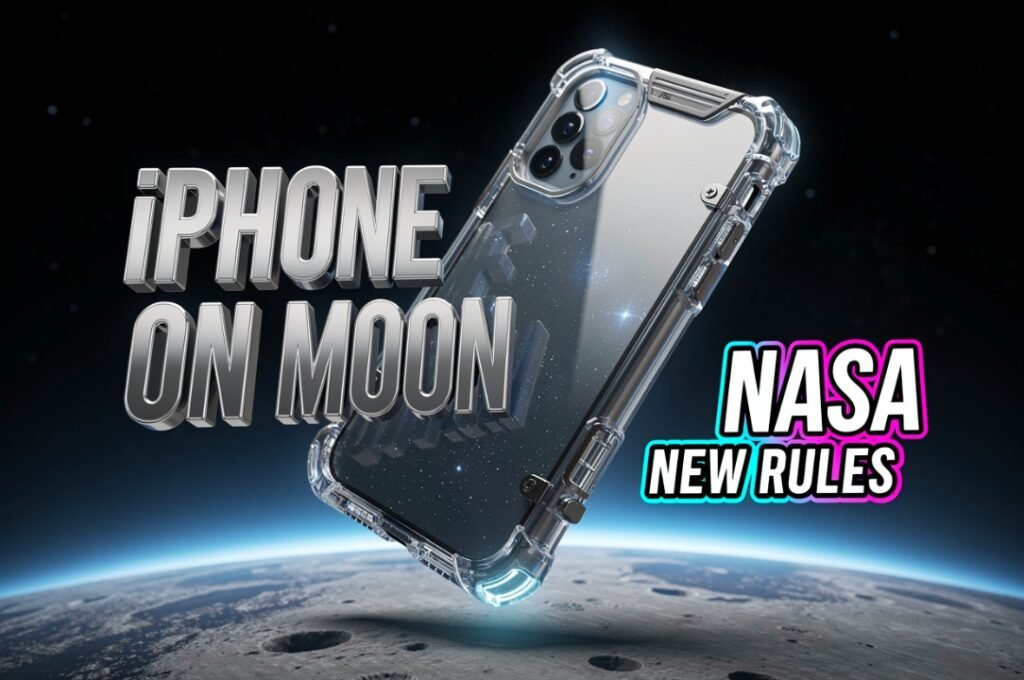 Astronaut holding smartphone floating inside spacecraft near lunar window