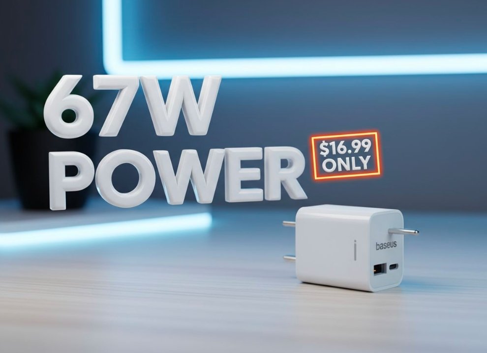 Baseus PicoGo 67W white fast charger plugged into wall outlet