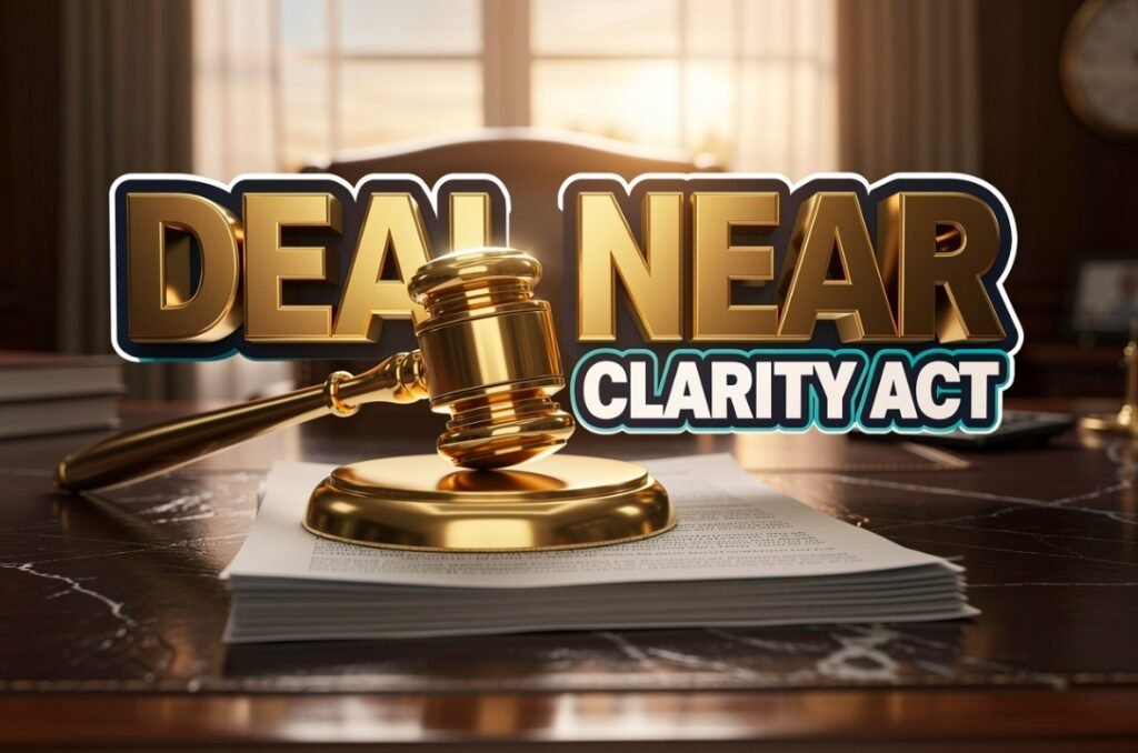 CLARITY Act crypto regulation gavel bitcoin flag concept art