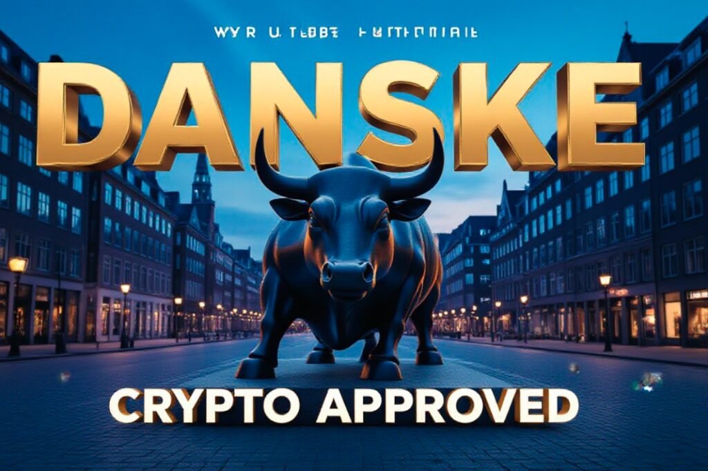 Danske Bank headquarters building digital currency trading graph
