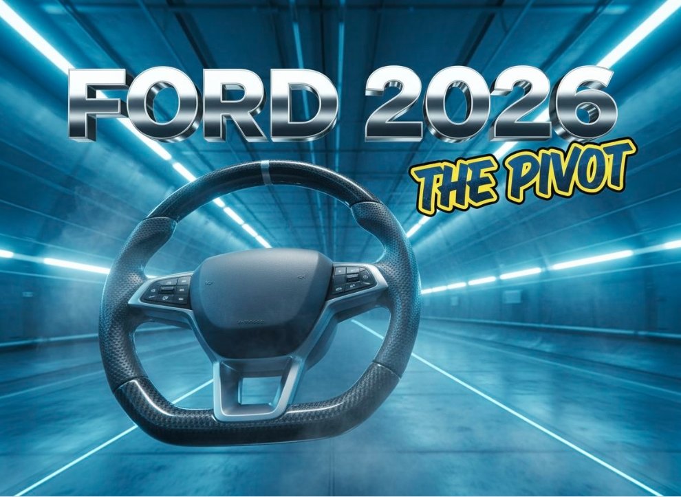  Futuristic Ford steering wheel silhouette with hybrid engine blue glow background