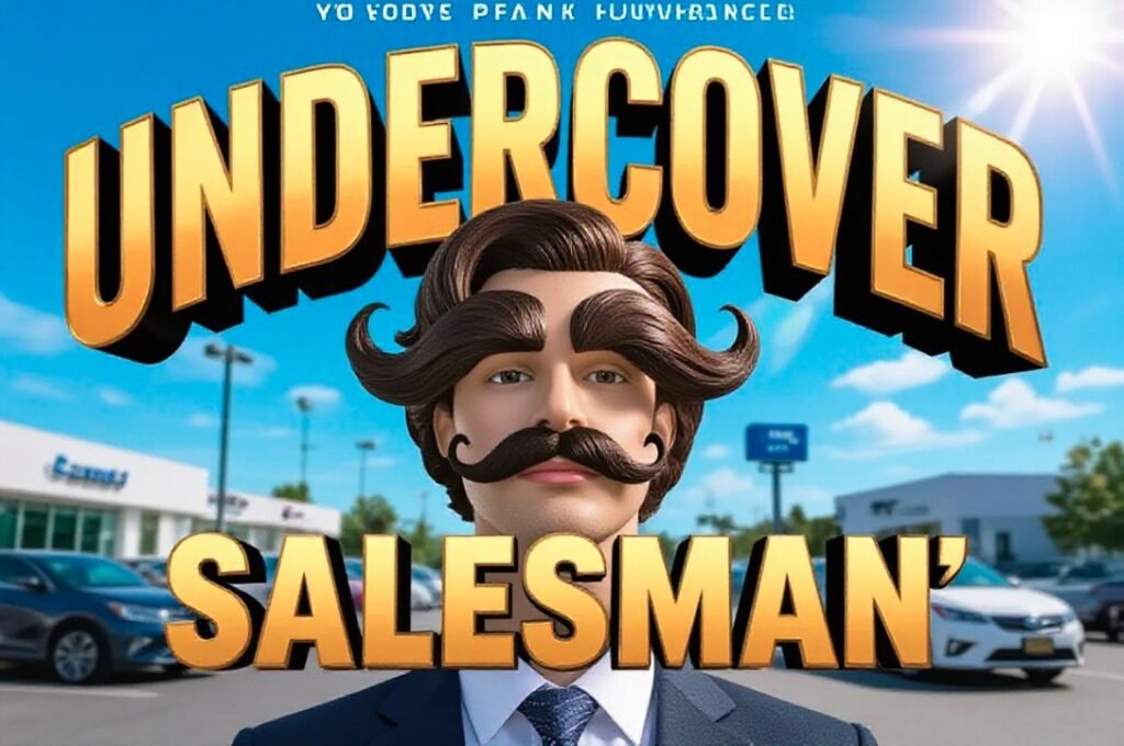 James Van Der Beek wearing fake mustache disguise selling cars