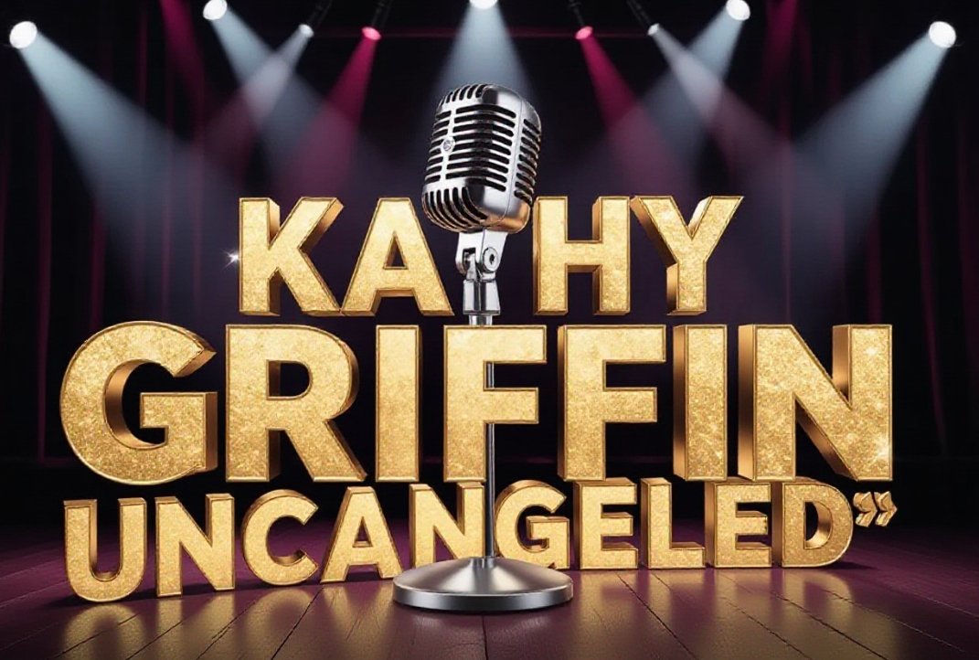 Kathy Griffin speaking into microphone on stage during comedy tour