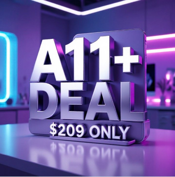 Samsung Galaxy Tab A11 plus tablet on desk displaying colorful abstract wallpaper